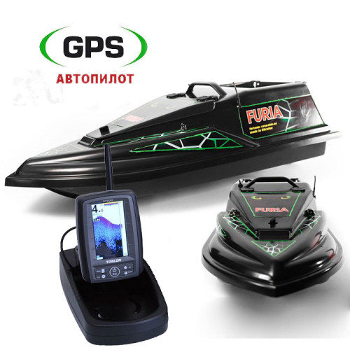 Кораблик для рыбалки Фурия Шторм Черный с эхолотом Toslon TF500 и GPS автопилотом (8+1)