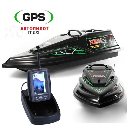 Кораблик для карповой рыбалки Фурия Шторм Черный с эхолотом Toslon TF500 и GPS автопилотом (Maxi 100х(9+1))