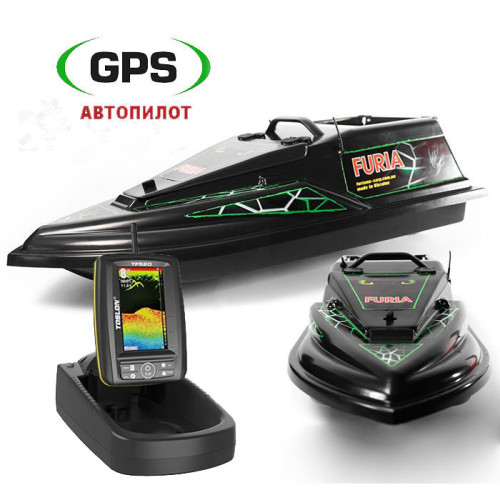 Кораблик для карповой рыбалки Фурия Шторм Черный с эхолотом Toslon TF520 и GPS автопилотом (V3 6+1) на 100 водоемов