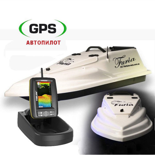 Кораблик для прикормки Фурия Шторм Белый с эхолотом Toslon TF520 и GPS автопилотом (V3 6+1)