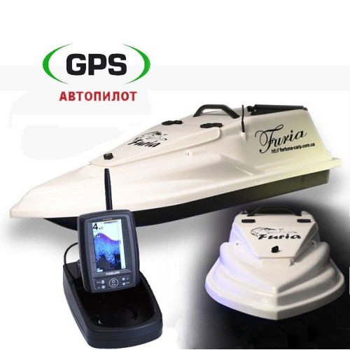 Кораблик для завоза прикормки Фурия Шторм Белый эхолотом Toslon TF500 и GPS автопилотом (Maxi) на 9+1 точек на 100 водоемов