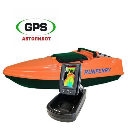 Прикормочный кораблик Runferry Solo Optima (Соло Оптима оранжевый) с эхолотом Toslon TF520 и GPS автопилотом 100х(9+1)